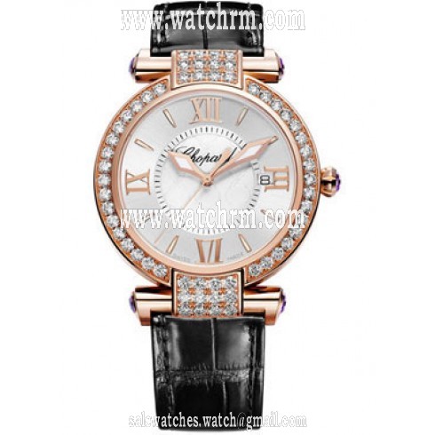 Chopard Imperiale Diamond Mother of Pearl Dial 18 kt Rose Gold Black Leather Ladies Watch 384221-5002