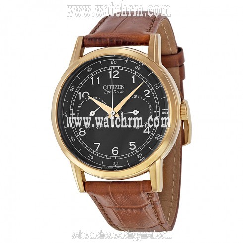 Citizen Eco Drive Black Dial Brown Leather Rose Gold-tone Men's Watch AO9003-08E