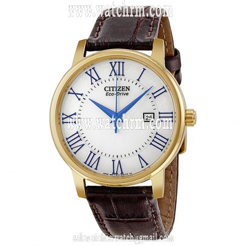 Citizen Eco Drive Silver Dial Gold Tone Brown Leather Men's Watch BM6752-02A