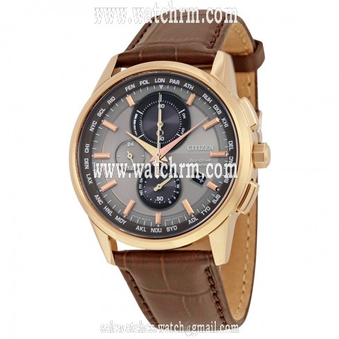 Citizen Eco-Drive World Chronograph A-T Perpetual Calendar Brown Leather Strap Men's Watch AT8113-04H