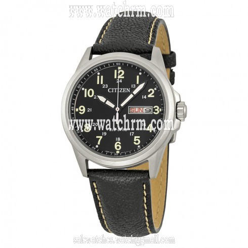 Citizen Military Eco-Drive Black Dial Black Leather Quartz Men's Watch AW0040-01E