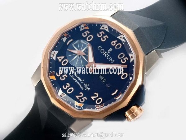 Corum Admirals Cup A.C.C.8 Black Rubber Strap Rose Gold Bezel Blue Dial Watch