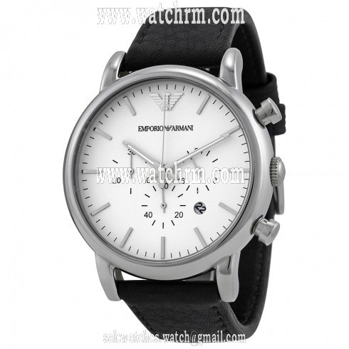 Emporio Armani Chronograph White Dial Black Leather Men's Watch AR1807