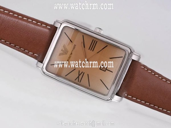 Emporio Armani Classic Ladies AR0414 Brown Ostrich Leather Strap Rectangle Brown Dial Watch