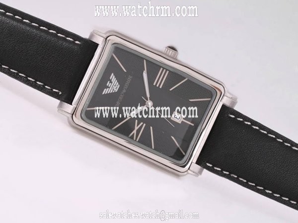 Emporio Armani Classic Ladies AR0414 Mens Black Cow Leather Strap Rectangle Watch