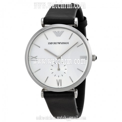 Emporio Armani Retro Silver Dial Black Leather Strap Men's Watch AR1674