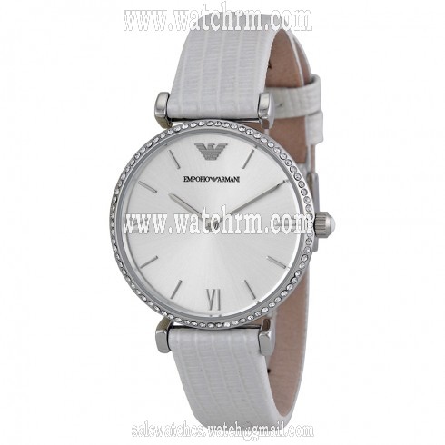 Emporio Armani Retro Silver Dial White Leather Strap Ladies Watch AR1680