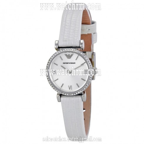 Emporio Armani Retro Silver Dial White Leather Strap Ladies Watch AR1686