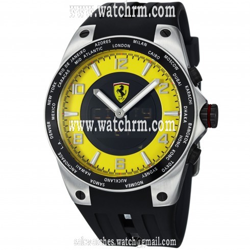 Ferrari World Time Yellow Multifunction Dial Black Rubber Strap Men's Watch FE-05-ACC-YW