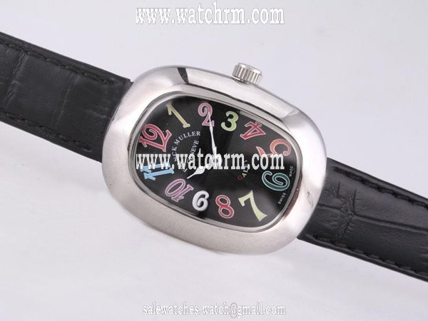 Franck Muller Long Island 1000-SC Black Dial 25x34mm Black Ostrich Leather Strap Watch