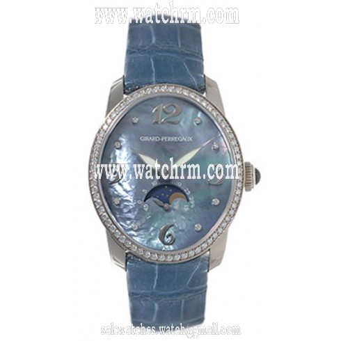 Girard Perregaux Cats Eye Diamond 18kt White Gold Blue Leather Ladies Watch 80490-D53-A261-CK4