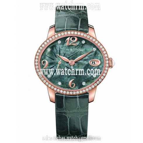 Girard Perregaux Cats Eye Green Mother of Pearl 18kt Rose Gold Diamond Leather Ladies Watch 80484D52A661-BK6A