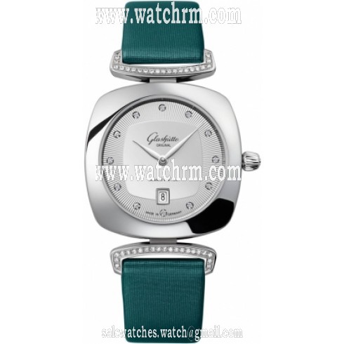 Glashutte Povonina Silver Dial Green Satin Diamond Ladies Watch 1-03-01-10-12-02