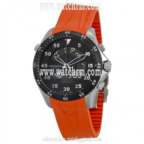 Hamilton Khaki Flight Timer Dual Display Chronograph Black Dial Orange Rubber Men's Watch H64554431