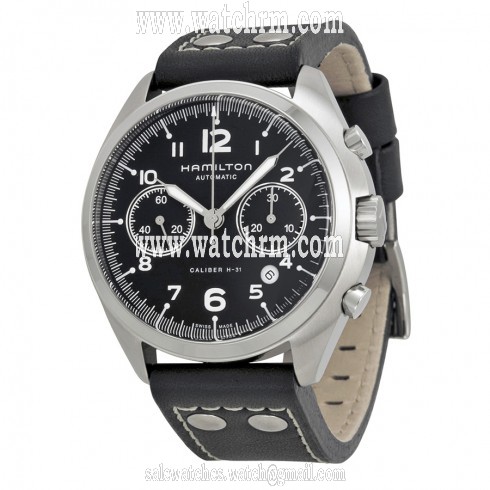Hamilton Khaki Pilot Pioneer Automatic Chronograph Black Dial Black Leather Men's Watch H76416735