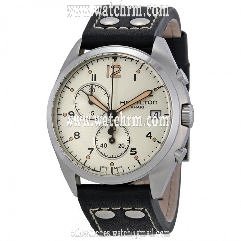 Hamilton Khaki Pilot Pioneer Chronograph Ivory Dial Black Leather Men's Watch HML-H76512755