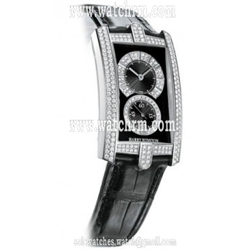 Harry Winston Avenue C Black Dial with Diamonds 18kt White Gold Black Leather Unisex Watch 331UQWLKDD32