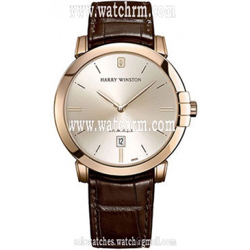 Harry Winston Midnight Champagne Dial 18kt Rose Gold Brown Leather Automatic Men's Watch MIDAHD42RR001