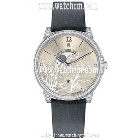 Harry Winston Midnight Silver Sunray Dial 18kt White Gold Diamond Satin Strap Men's Watch MIDQMP39WW001