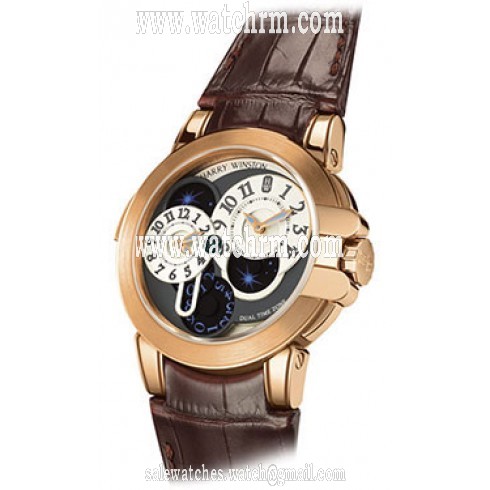 Harry Winston Ocean Dual Time Grey and White Dial 18 kt Rose Gold Brown Alligator Men's Watch OCEATZ44RR001