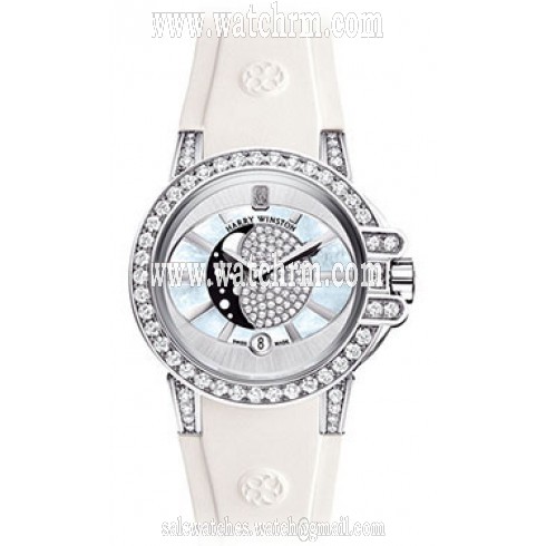 Harry Winston Ocean Moon Phase Mother of Pearl Dial 18kt White Gold Diamond Ladies Watch OCEQMP36WW003