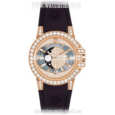 Harry Winston Ocean Moonphase Mother of Pearl Dial 18kt Rose Gold Diamond Black Rubber Ladies Watch OCEQMP36RR001