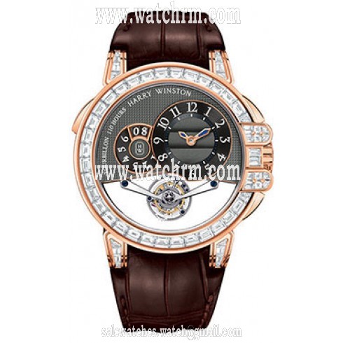 Harry Winston Ocean Tourbillion Grey Dial 18kt Rose Gold Diamond Leather Men's Watch OCEMTD45RR004