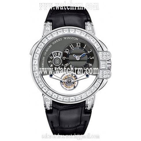 Harry Winston Ocean Tourbillion Grey Dial Black Leather 18kt White Gold Diamond Men's Watch OCEMTD45WW004