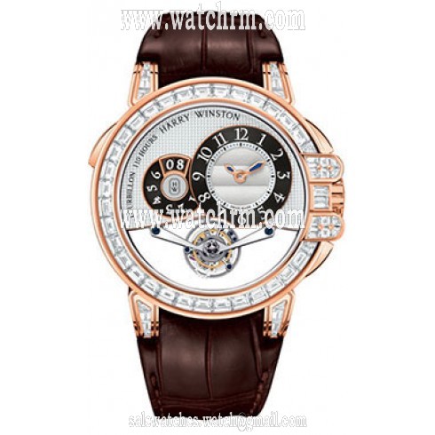 Harry Winston Ocean Tourbillion Silver Dial 18kt Rose Gold Diamond Alligator Men's Watch OCEMTD45RR003