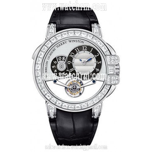Harry Winston Ocean Tourbillion Silver Dial 18kt White Gold Black Leather Diamond Men's Watch OCEMTD45WW003