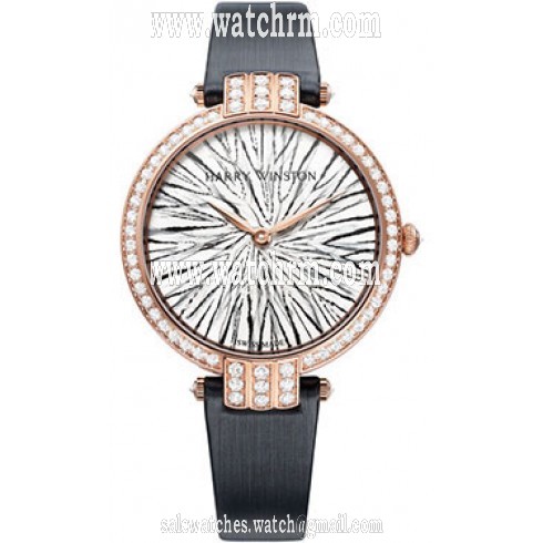 Harry Winston Premiere Silver Pheasant Feathers Dial 18kt Rose Gold Diamond Ladies Watch PRNQHM36RR004