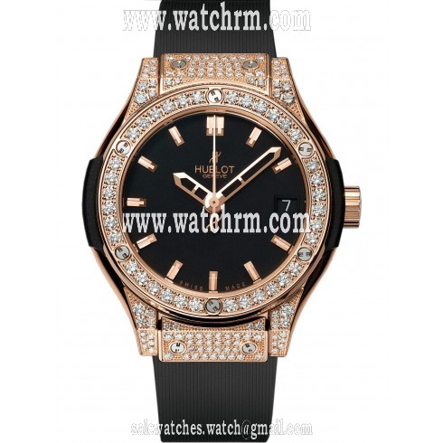 Hublot Classic Fusion Black Dial 18 Carat Rose Gold and Diamonds CaseBlack Rubber Strap Ladies Quartz Watch 581.OX.1180.RX.1704