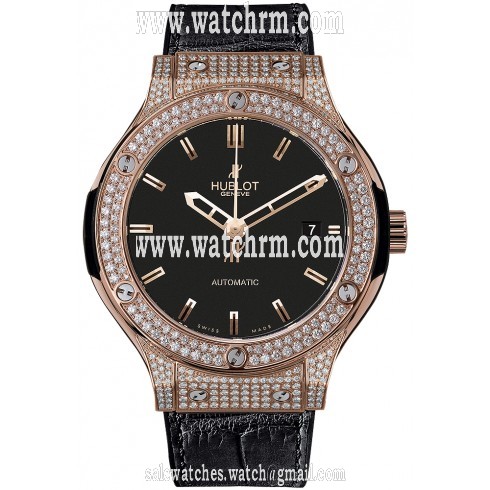 Hublot Classic Fusion Black Dial 18 Carat Rose Gold with Diamonds Case Black Leather Band Automatic Men's Watch 565.OX.1180.LR.1704