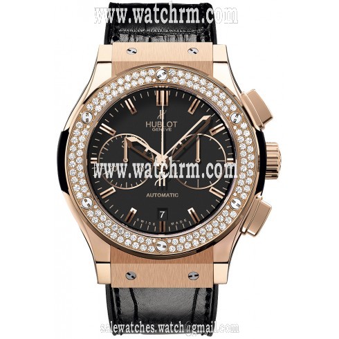 Hublot Classic Fusion Black Dial Black Leather 18 Carat Rose Gold with Diamonds Case Automatic Men's Watch 521.OX.1180.LR.1104