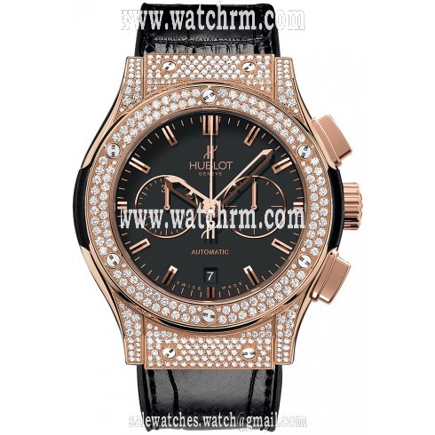 Hublot Classic Fusion Black Dial Black Leather Band 18 Carat Rose Gold with Diamonds Case Automatic Men's Watch 541.OX.1180.LR.1704