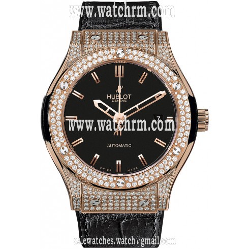 Hublot Classic Fusion Black Dial Black Leather Strap 18 Carat Rose Gold with Diamonds Case Automatic Men's Watch 542.OX.1180.LR.1704