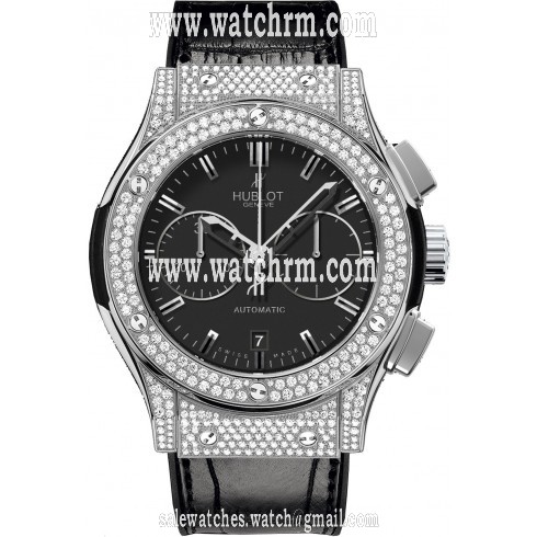 Hublot Classic Fusion Black Dial Titanium with Diamond Pave Case Black Leather Band Autmatic Men's Watch 521.NX.1170.LR.1704