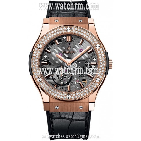 Hublot Classic Fusion Classico Ultra Thin Skeleton Grey Skeleton Dial Black Leather Band 18 Carat Rose Gold with Diamonds Case Automatic Men's Watch 54