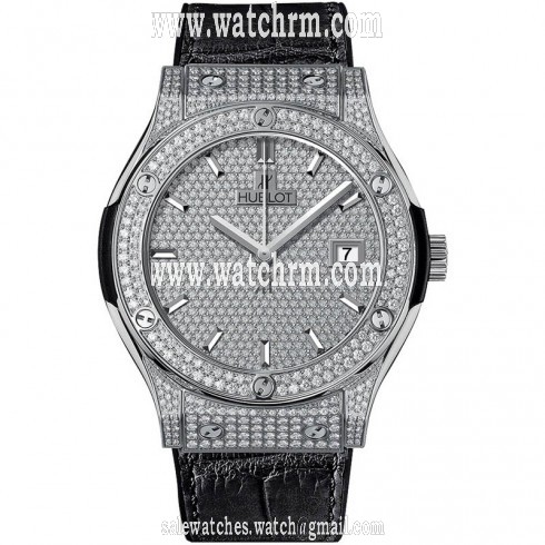 Hublot Classic Fusion Diamond Pave Dial Black Leather Band Titanium Case Automatic Men's Watch 581.NX.9010.LR.1704