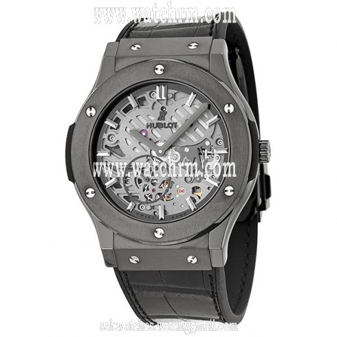 Hublot Classic Fusion Skeleton Dial Black Ceramic Black Leather Automatic Men's Watch 515CM0140LR