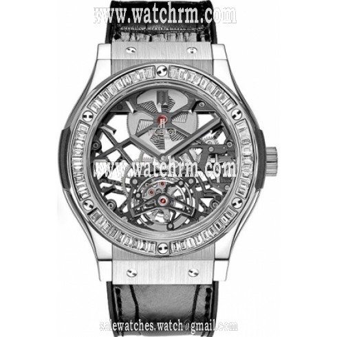 Hublot Classic Fusion Tourbillon Skeleton Dial Titanium Baguette Diamond Men's Watch 505.NX.0170.LR.1904