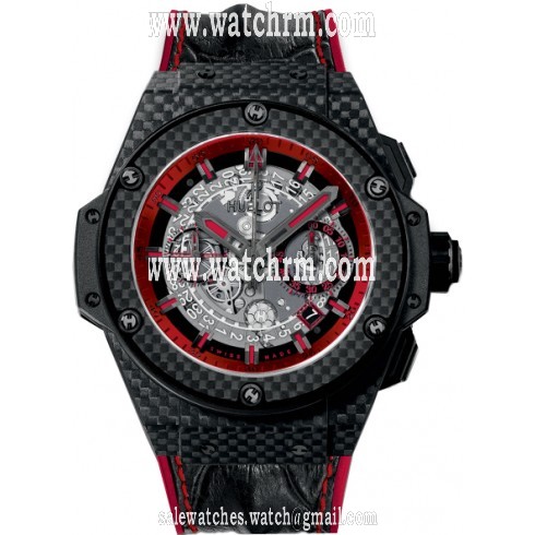 Hublot King Power Skeleton Transparent Dial Black Leather with Red Stitching Band Carbon Fiber  Case Automatic Men's Watch 701.QX.0113.HR