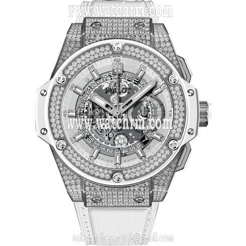 Hublot King Power Unico Skeleton Dial White Leather Band Titanium with Diamonds Case Automatic Men's Watch 701.NE.0127.GR.1704