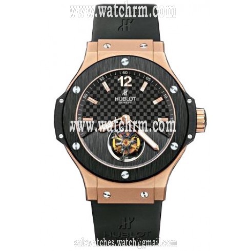 Hublot Tourbillion Solo Bang Black Carbon Fiber Dial 18kt Rose Gold Black Rubber Men's Watch 305.PM.131.RX