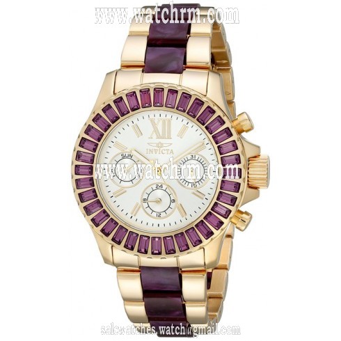 Invicta Angel Multi-Function Silver Dial Gold-plated Purple Acetate Ladies Watch 18873