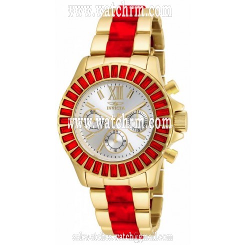 Invicta Angel Multi-Function Silver Dial Gold-plated Red Acetate Ladies Watch 18872
