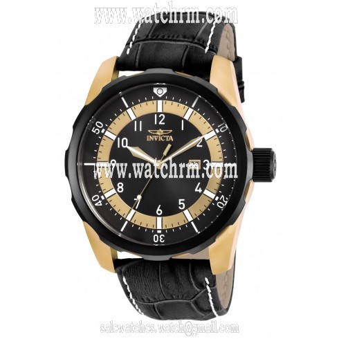 Invicta Aviator Black and Gold Dial Black Leather Men's Watch 19564