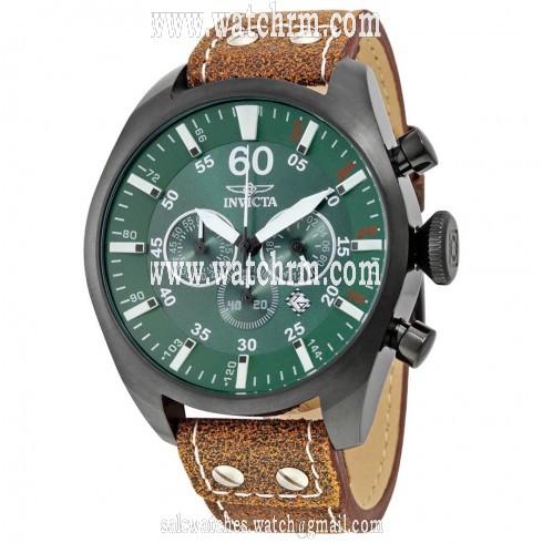 Invicta Aviator Chronograph Green Dial Black Leather Men's Watch 19670
