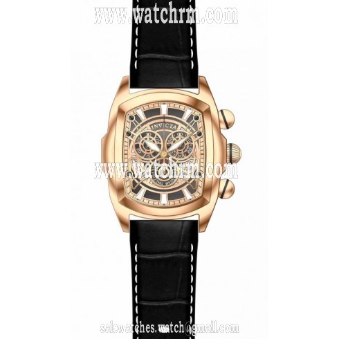 Invicta Lupah Chronograph Rose Skeleton Dial Black Leather Men's Watch 18842