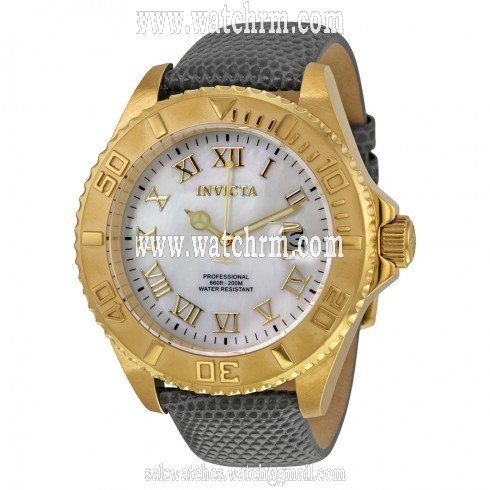 Invicta Pro Diver Mother of Pearl Dial Grey Leather Swiss Quartz Men's Watch 18429